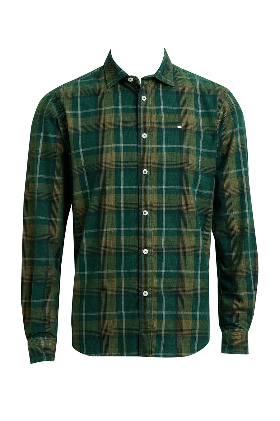 BASICS SLIM FIT MALLARD GREEN COTTON CORDUROY CHECKS SHIRT