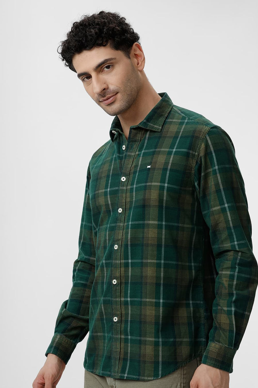 BASICS SLIM FIT MALLARD GREEN COTTON CORDUROY CHECKS SHIRT