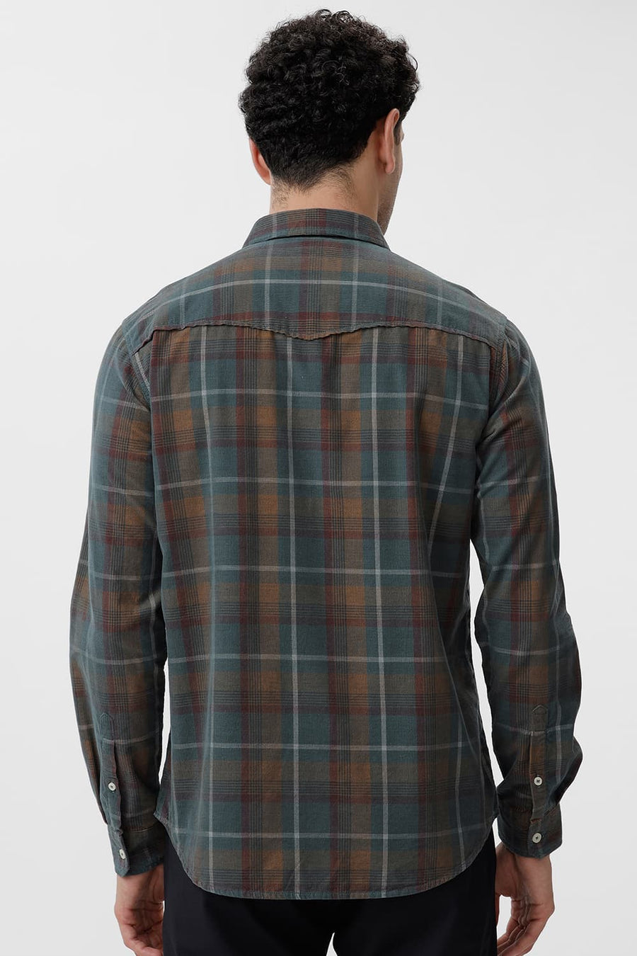 BASICS SLIM FIT PINE GREY COTTON CORDUROY CHECKS SHIRT