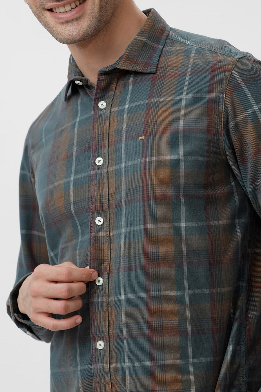BASICS SLIM FIT PINE GREY COTTON CORDUROY CHECKS SHIRT
