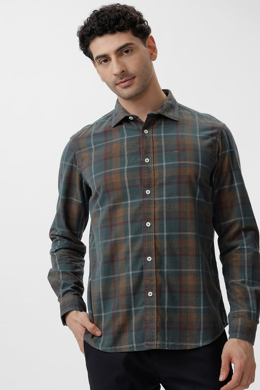 BASICS SLIM FIT PINE GREY COTTON CORDUROY CHECKS SHIRT