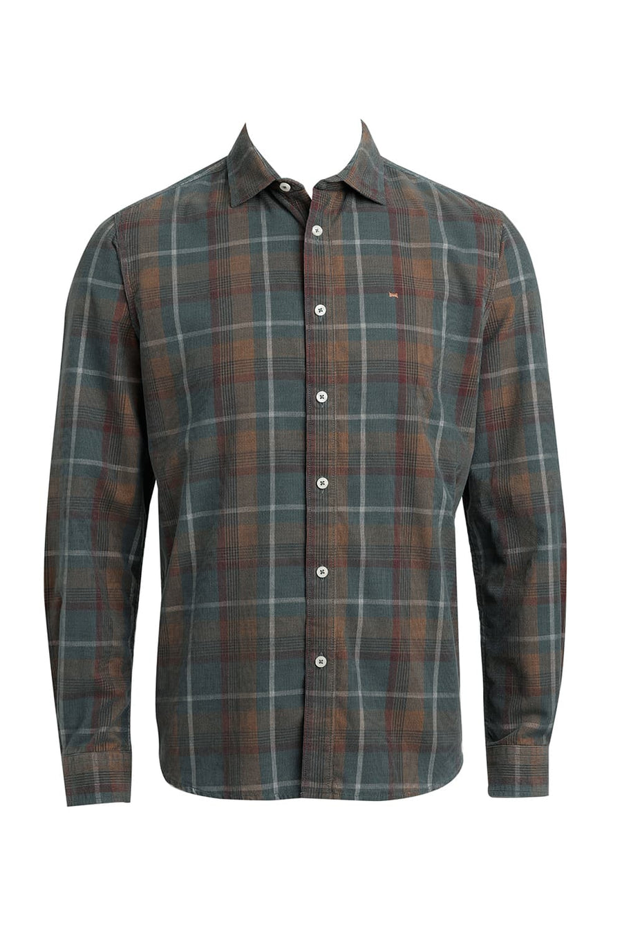 BASICS SLIM FIT PINE GREY COTTON CORDUROY CHECKS SHIRT