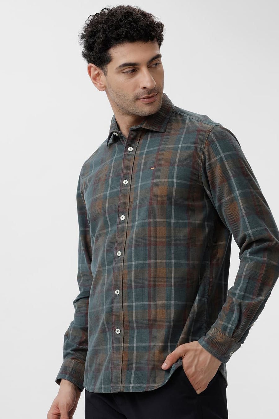 BASICS SLIM FIT PINE GREY COTTON CORDUROY CHECKS SHIRT