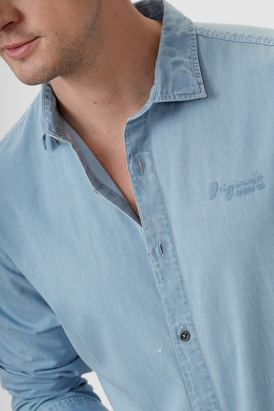 BASICS SLIM FIT DUSK BLUE COTTON INDIGO SHIRT