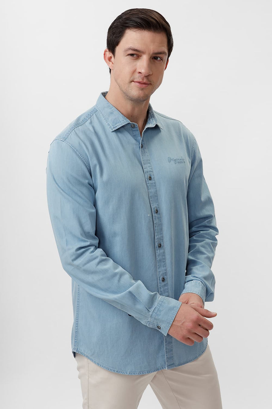 BASICS SLIM FIT DUSK BLUE COTTON INDIGO SHIRT