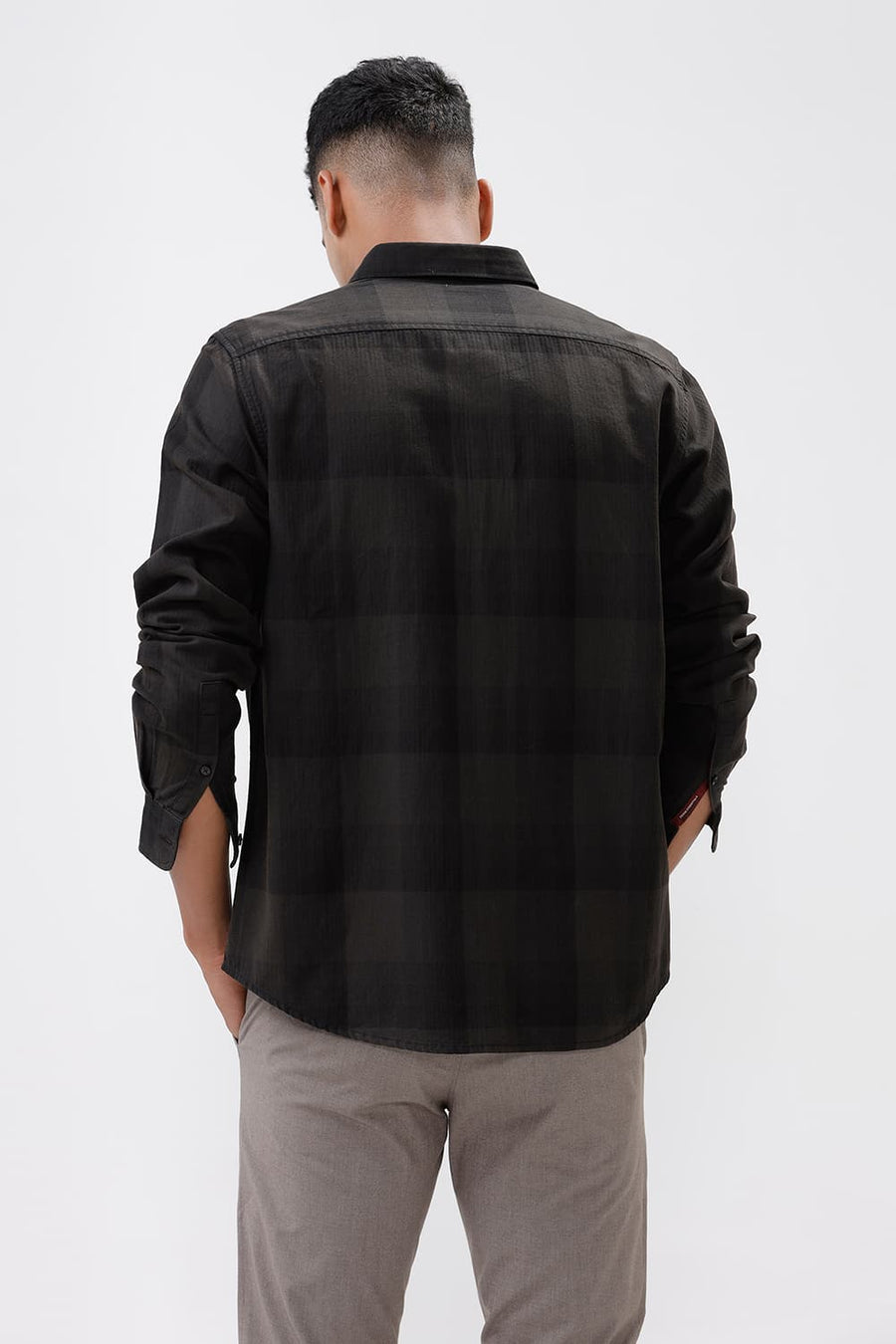 BASICS SLIM FIT FOREST GREEN COTTON HERRINGBONE CHECKS SHIRT