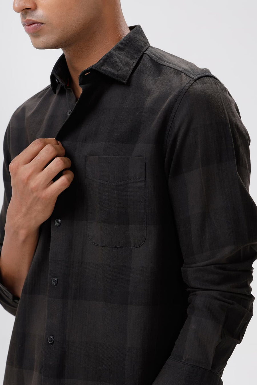 BASICS SLIM FIT FOREST GREEN COTTON HERRINGBONE CHECKS SHIRT