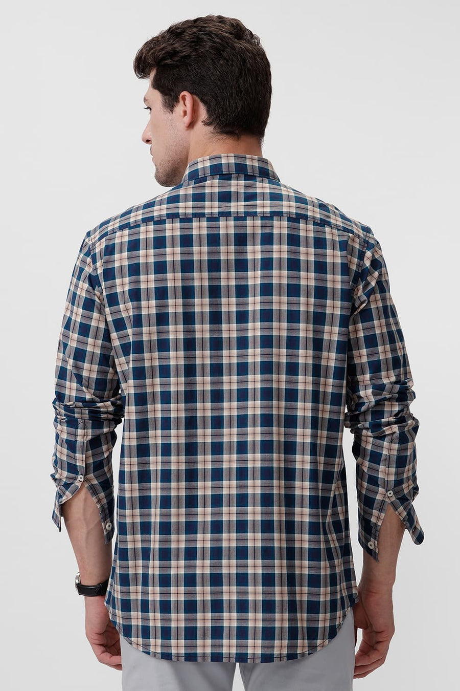 BASICS SLIM FIT CELESTIAL BLUE COTTON CHECKS SHIRT