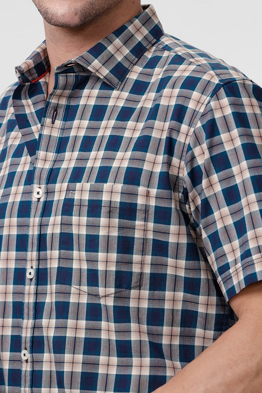 BASICS SLIM FIT CELESTIAL BLUE COTTON CHECKS HALFSLEEVES SHIRT
