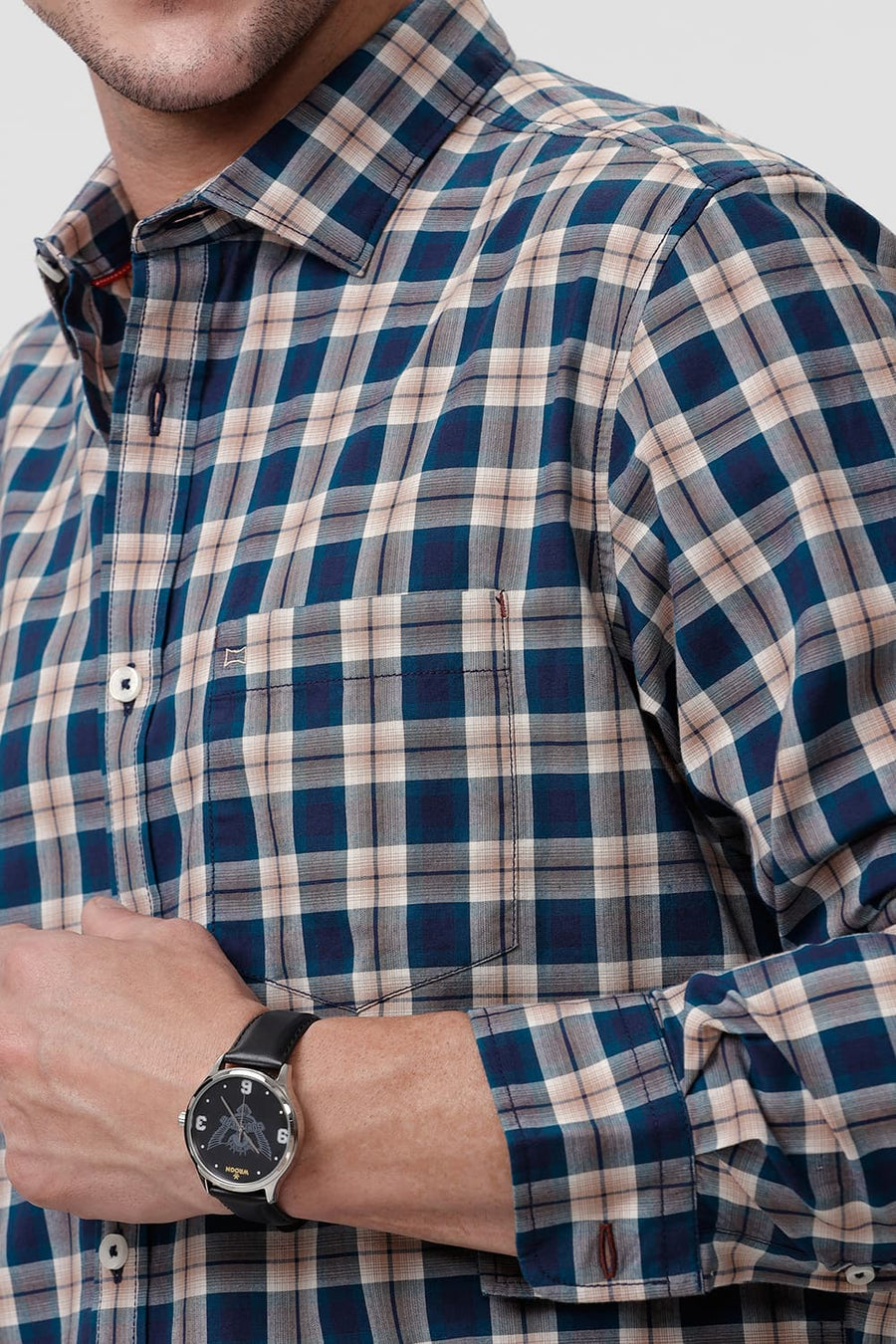 BASICS SLIM FIT CELESTIAL BLUE COTTON CHECKS SHIRT