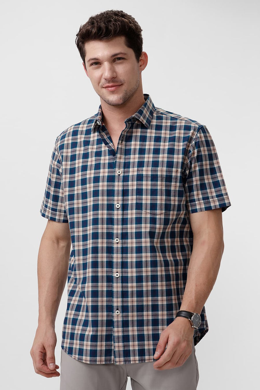 BASICS SLIM FIT CELESTIAL BLUE COTTON CHECKS HALFSLEEVES SHIRT