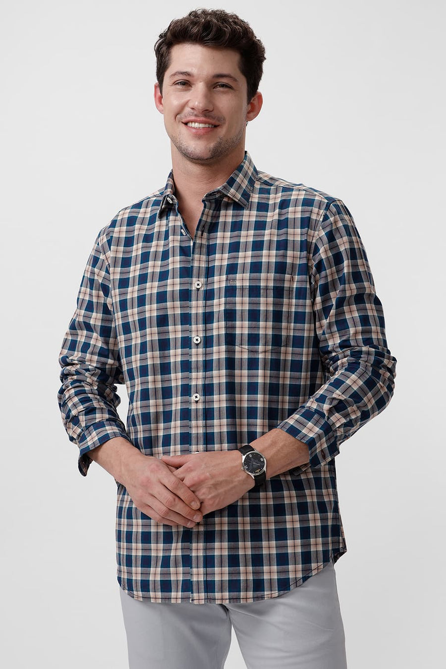 BASICS SLIM FIT CELESTIAL BLUE COTTON CHECKS SHIRT