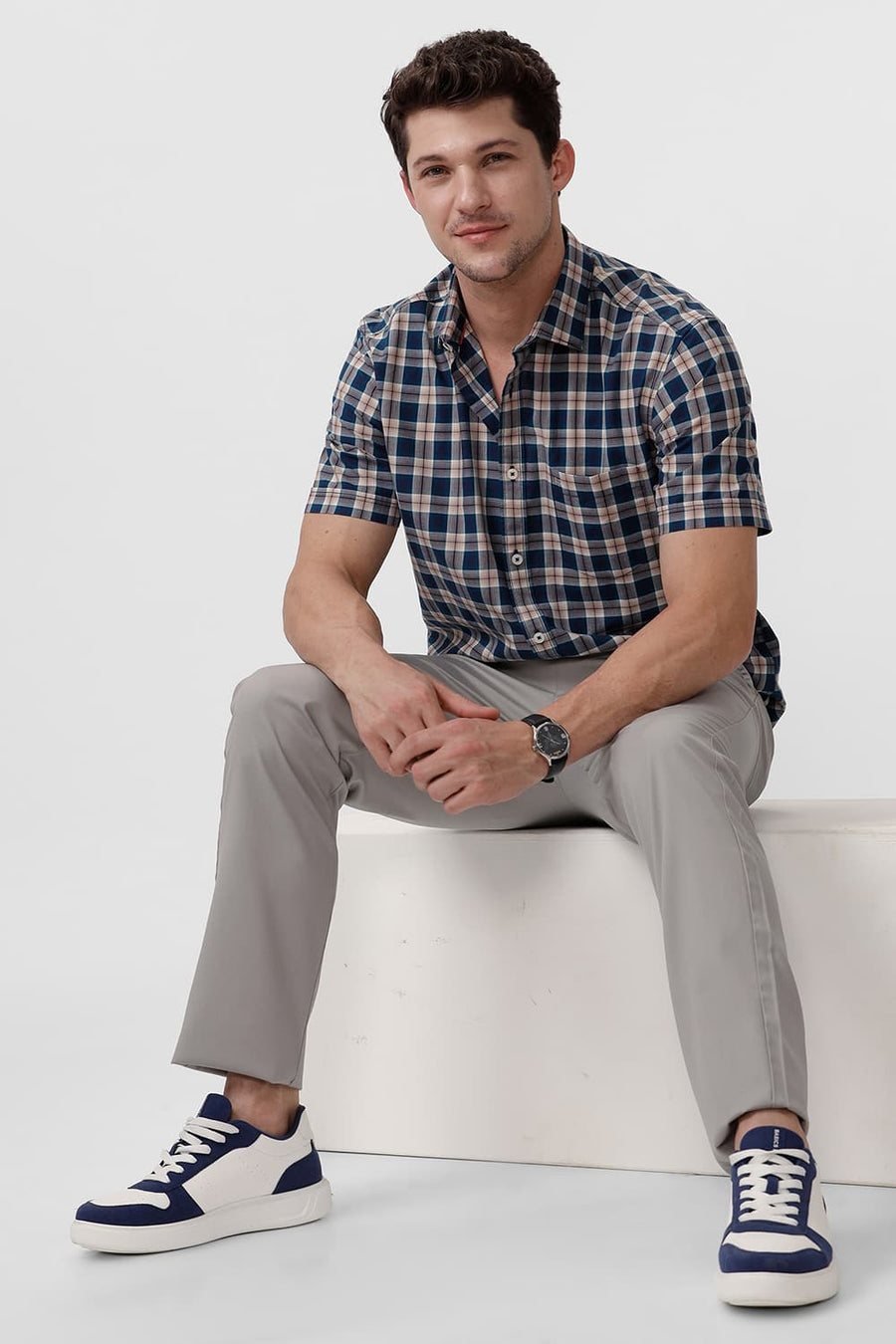 BASICS SLIM FIT CELESTIAL BLUE COTTON CHECKS HALFSLEEVES SHIRT