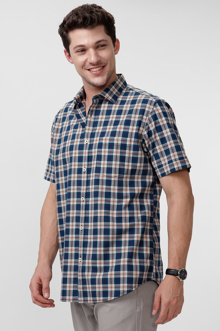 BASICS SLIM FIT CELESTIAL BLUE COTTON CHECKS HALFSLEEVES SHIRT