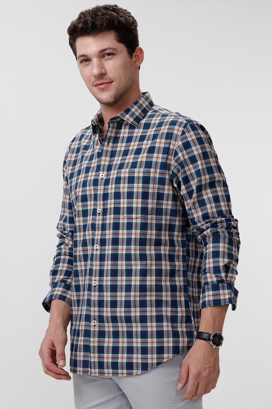 BASICS SLIM FIT CELESTIAL BLUE COTTON CHECKS SHIRT