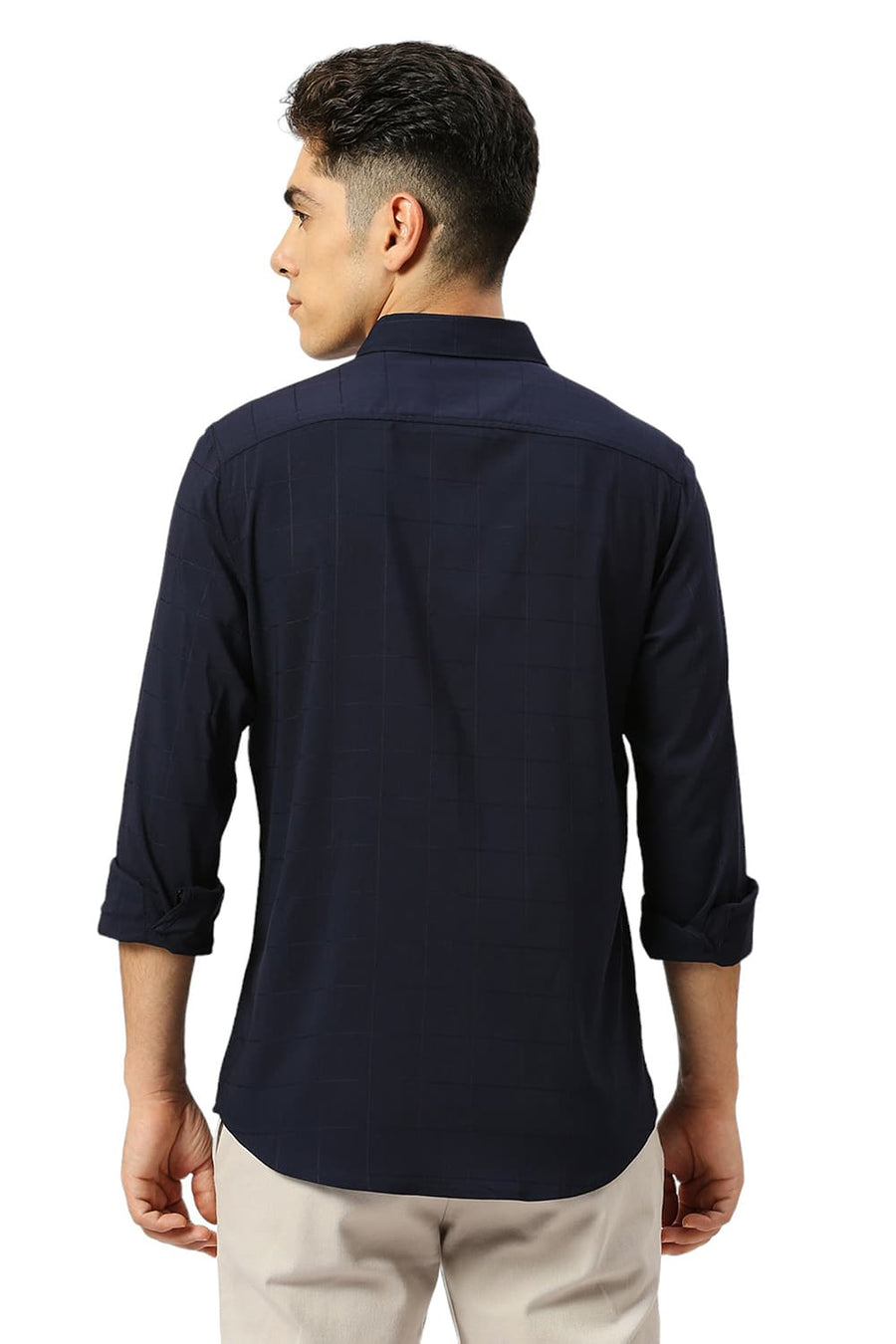 BASICS SLIM FIT POLAR NAVY VISCOSE POLYESTER STRETCH CHECKS SHIRT