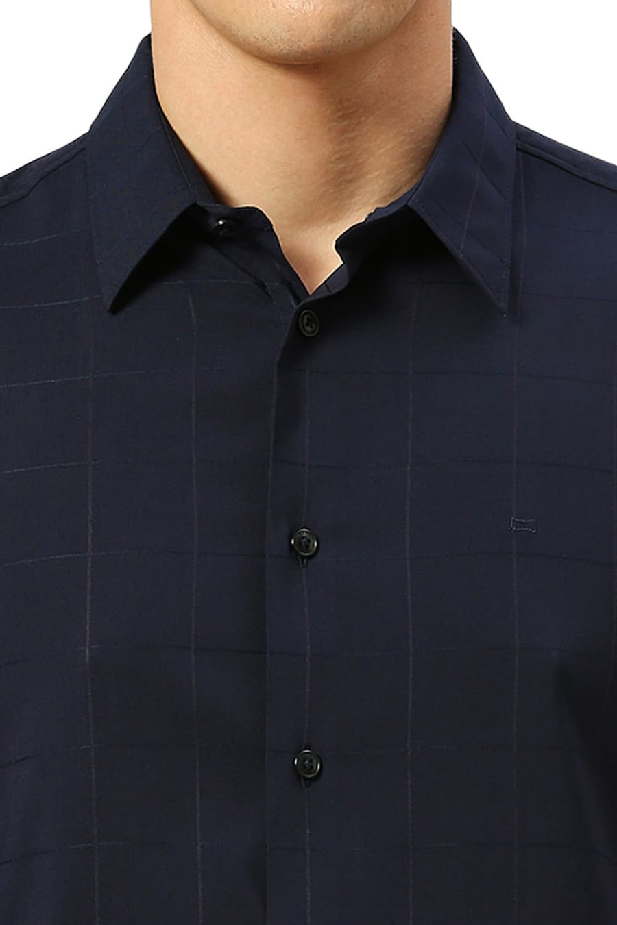 BASICS SLIM FIT POLAR NAVY VISCOSE POLYESTER STRETCH CHECKS SHIRT