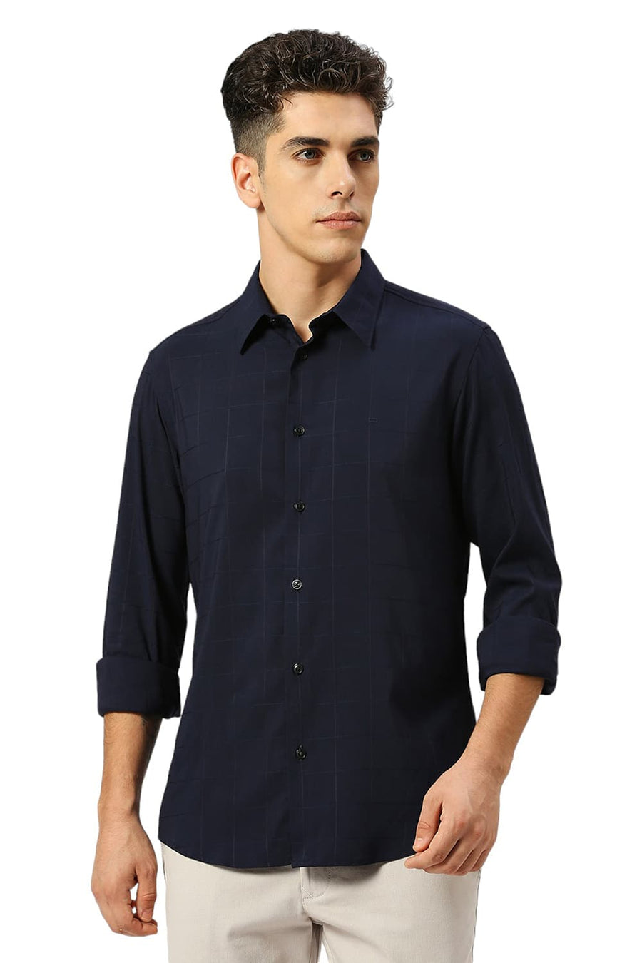 BASICS SLIM FIT POLAR NAVY VISCOSE POLYESTER STRETCH CHECKS SHIRT