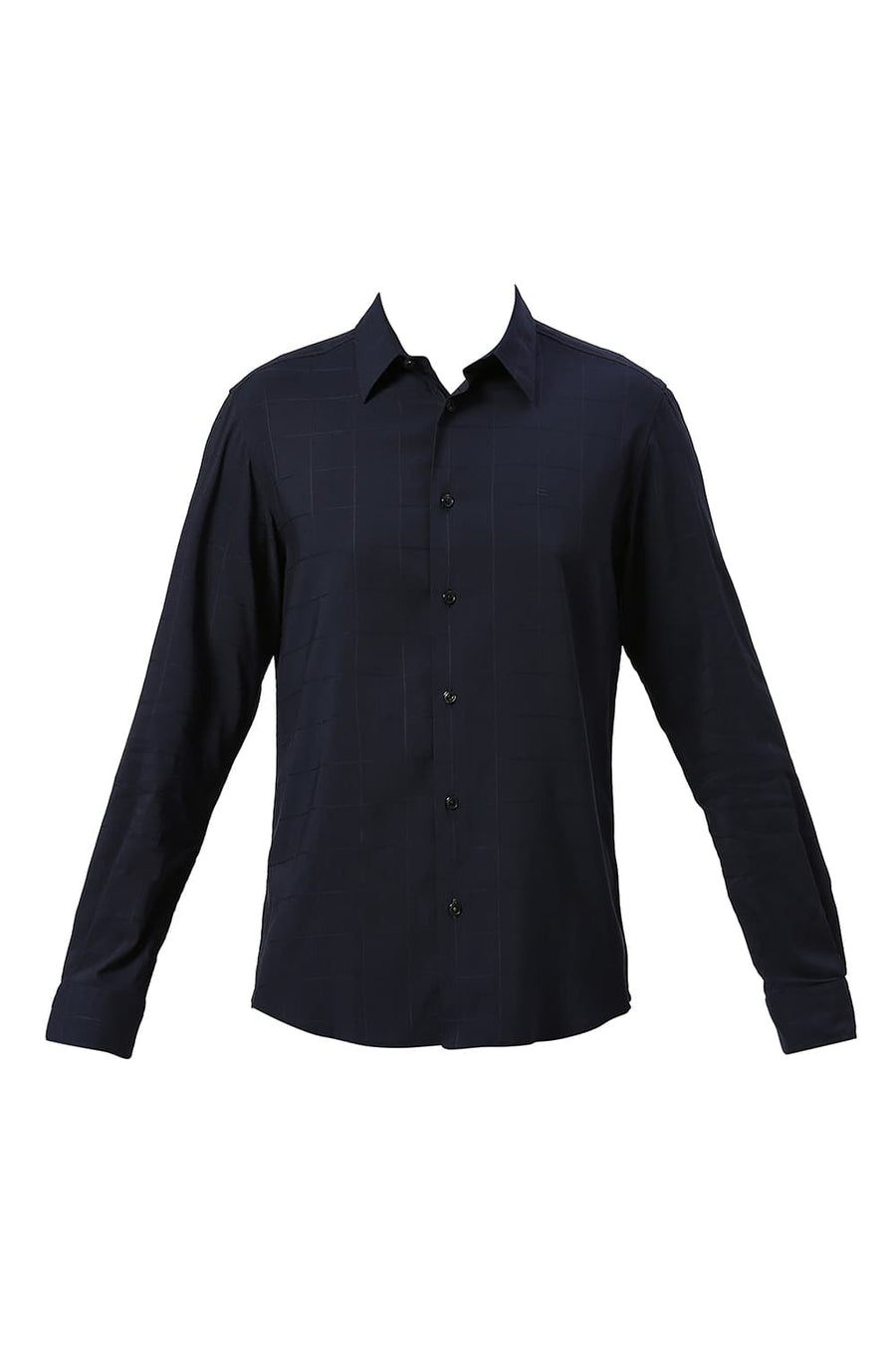 BASICS SLIM FIT POLAR NAVY VISCOSE POLYESTER STRETCH CHECKS SHIRT