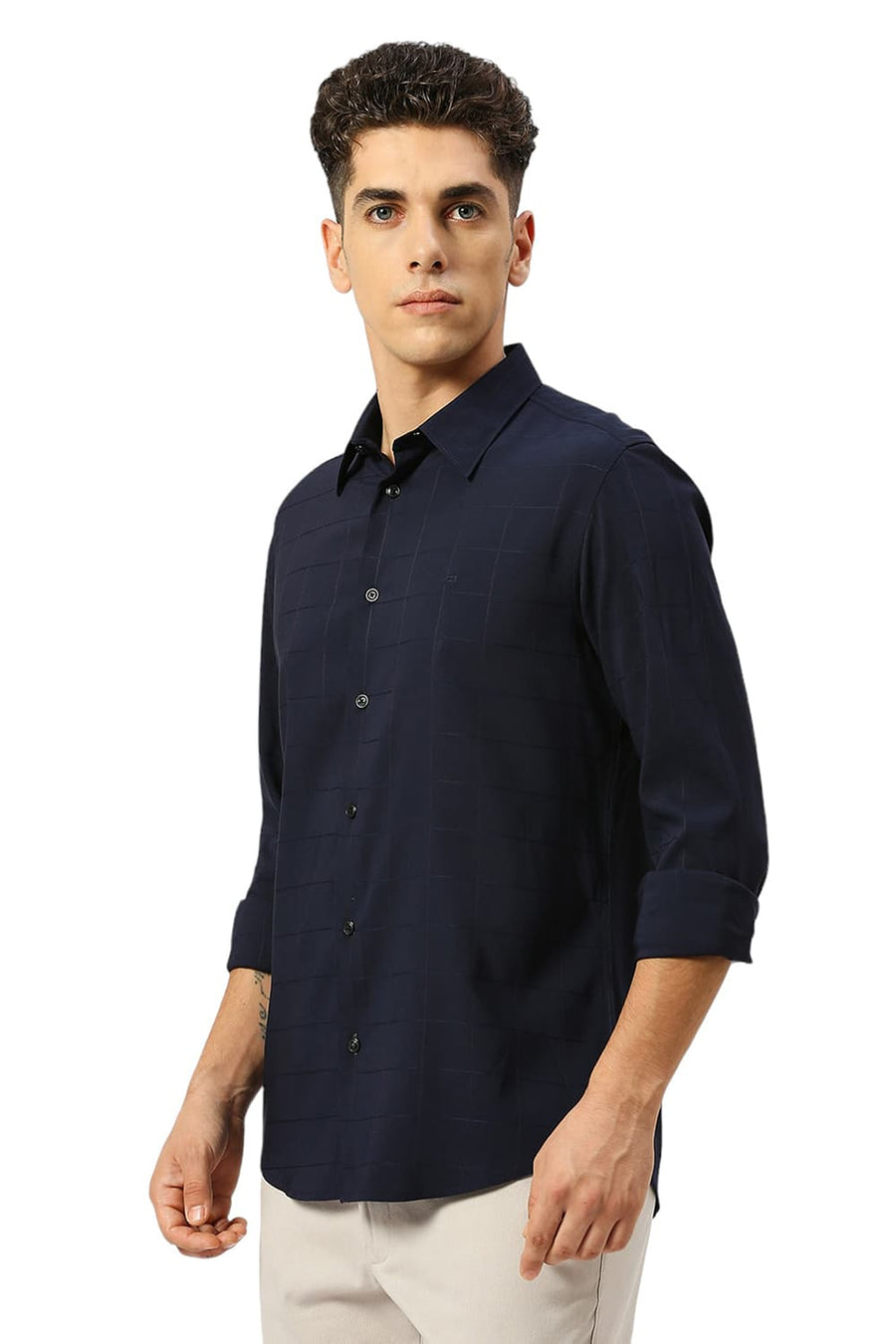 BASICS SLIM FIT POLAR NAVY VISCOSE POLYESTER STRETCH CHECKS SHIRT