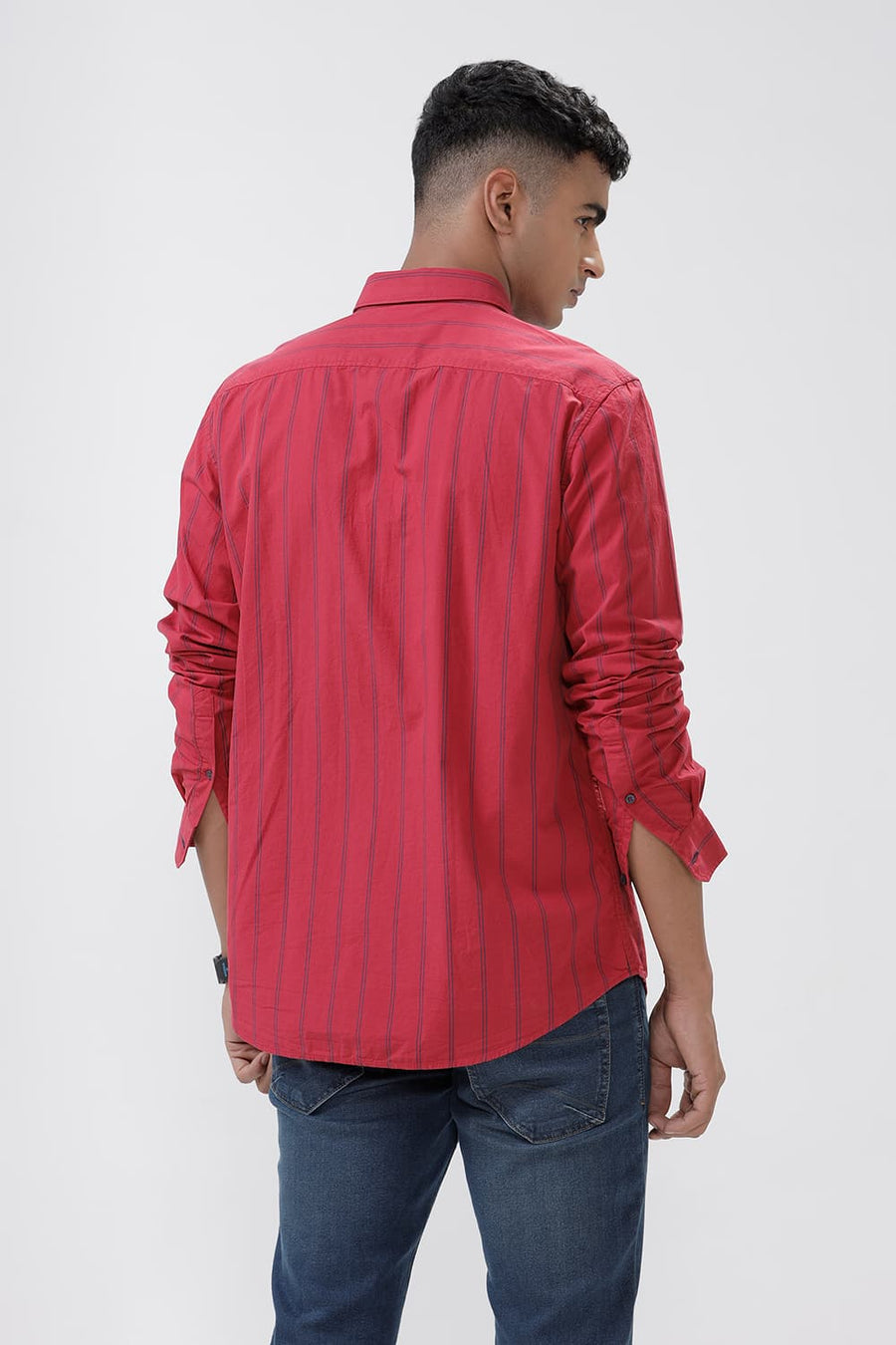BASICS SLIM FIT CRIMSON RED COTTON STRIPE SHIRT