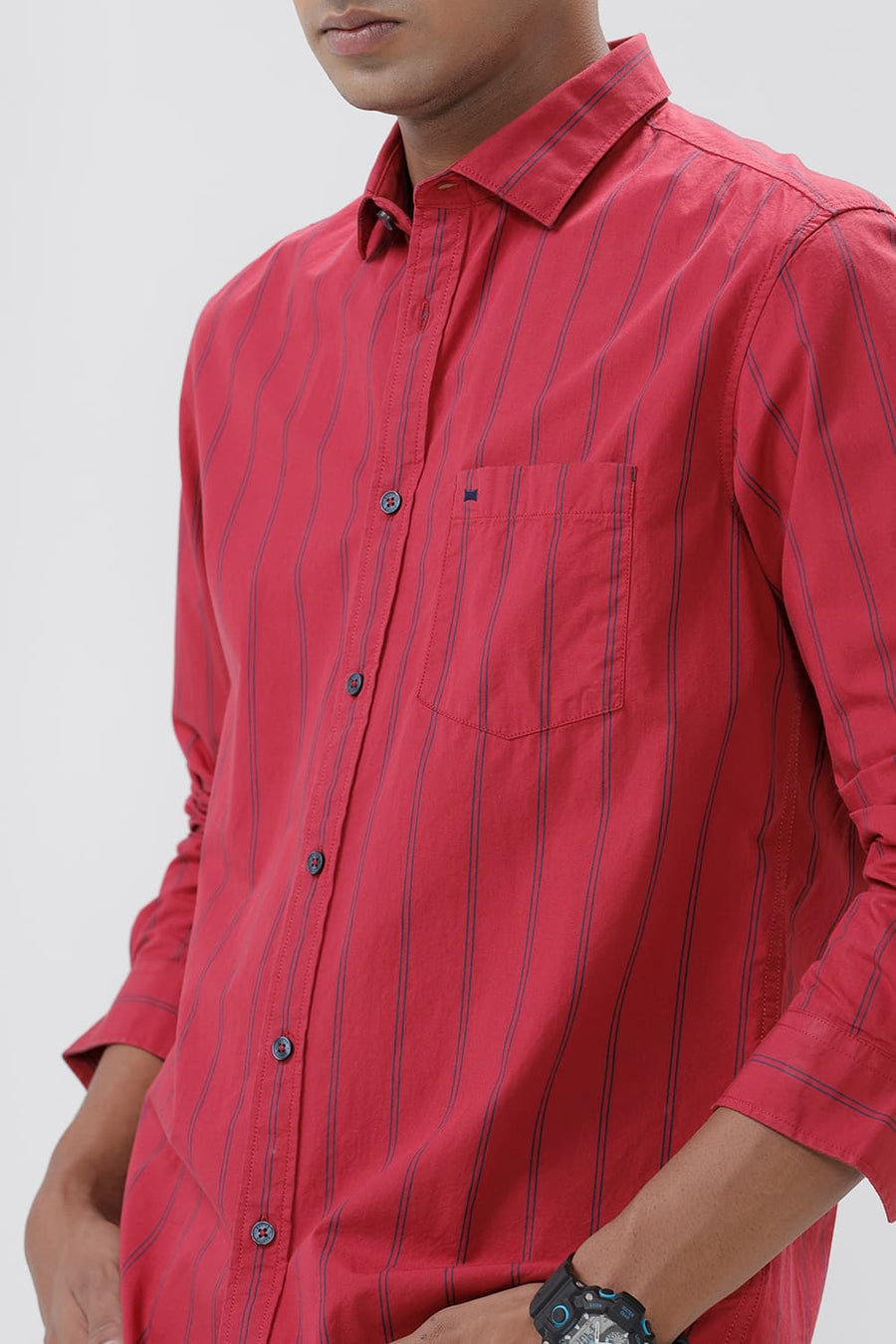 BASICS SLIM FIT CRIMSON RED COTTON STRIPE SHIRT