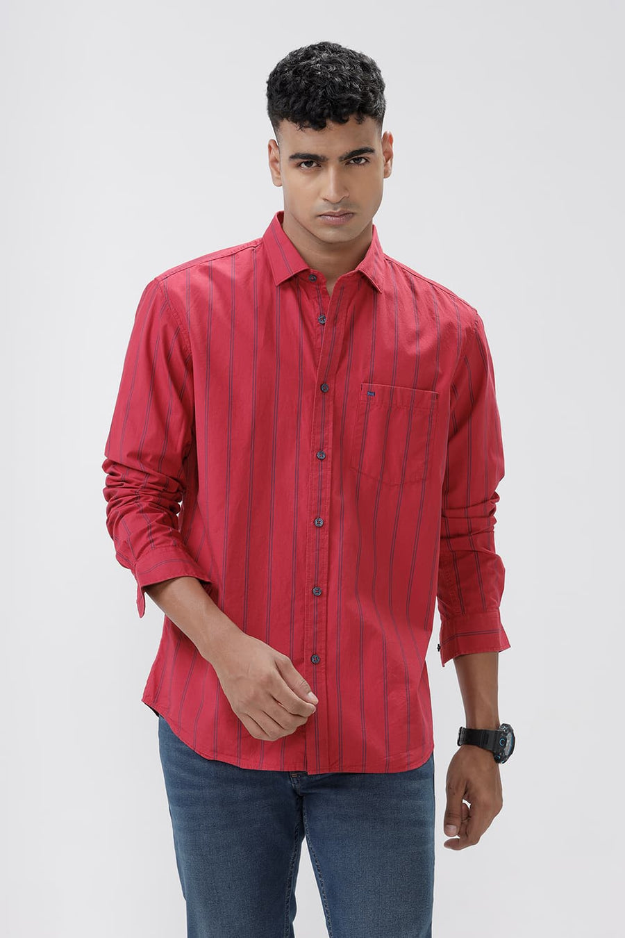 BASICS SLIM FIT CRIMSON RED COTTON STRIPE SHIRT