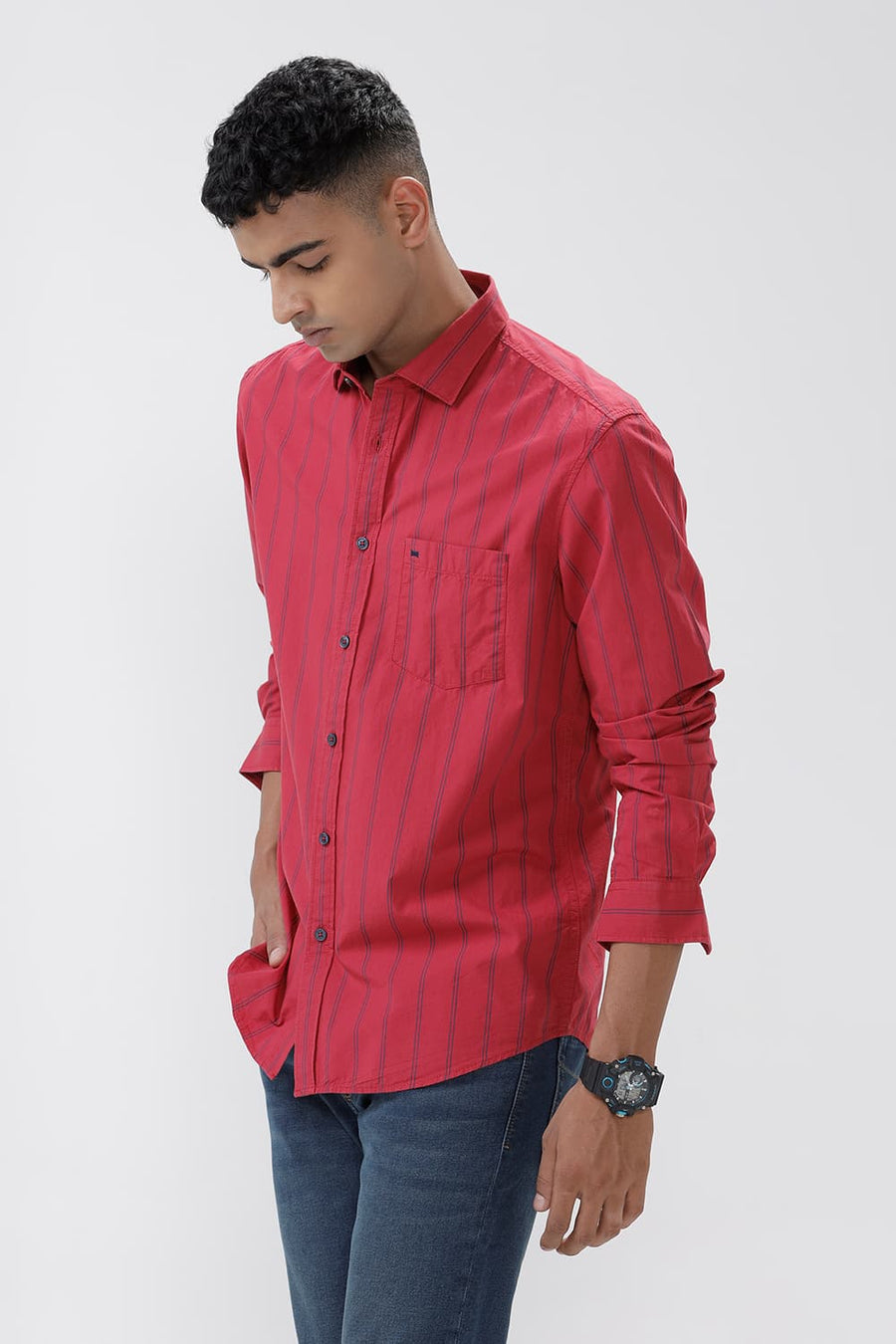 BASICS SLIM FIT CRIMSON RED COTTON STRIPE SHIRT