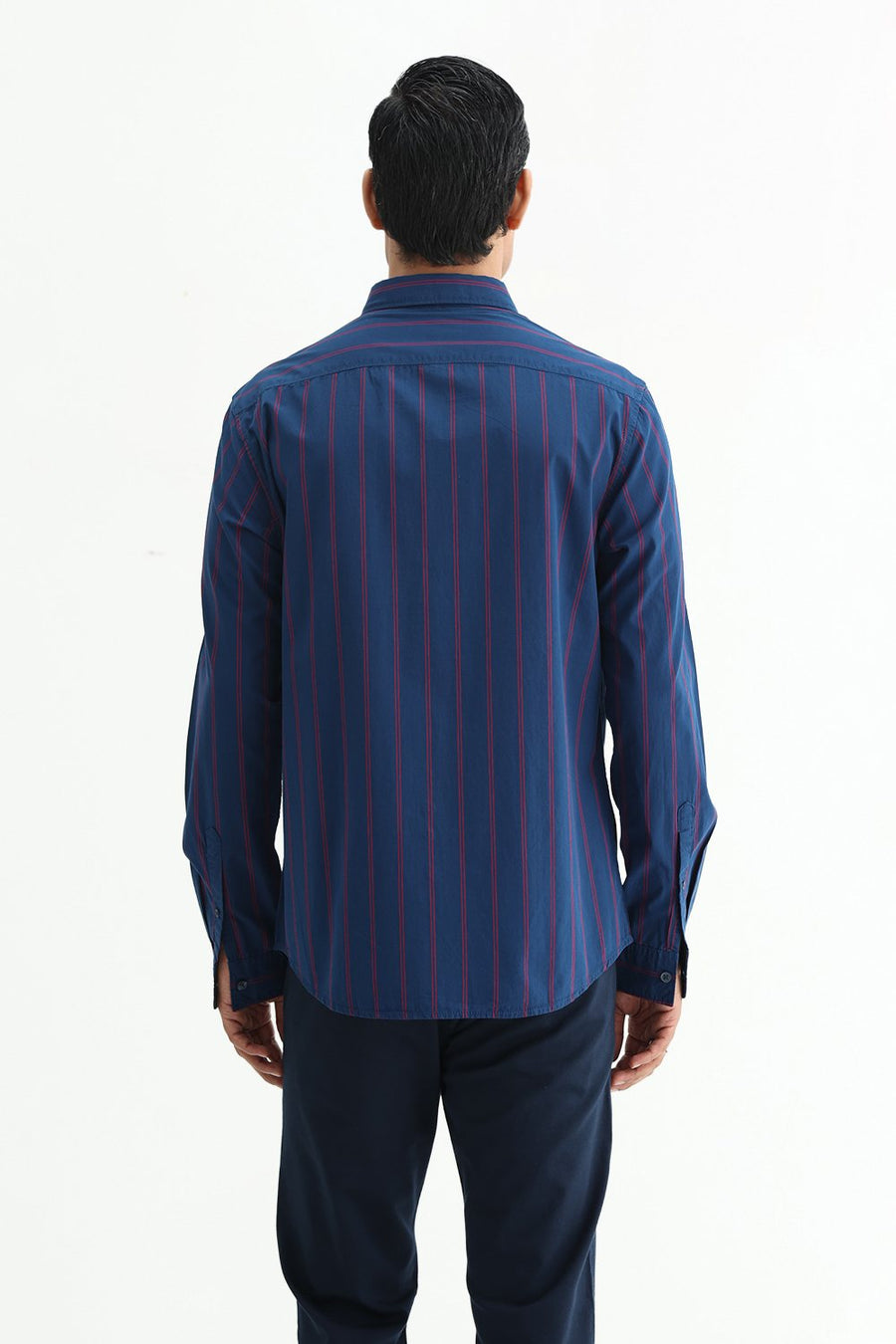 BASICS SLIM FIT NAVY BLUE COTTON STRIPE SHIRT