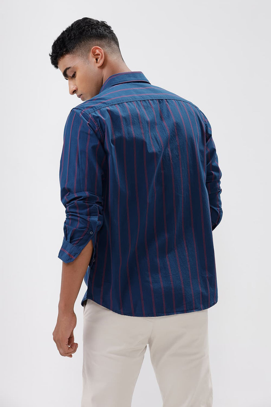 BASICS SLIM FIT NAVY BLUE COTTON STRIPE SHIRT