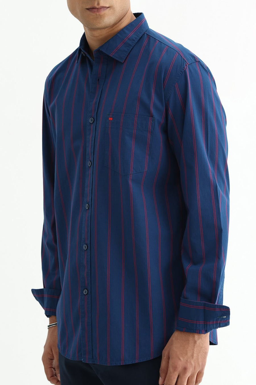 BASICS SLIM FIT NAVY BLUE COTTON STRIPE SHIRT
