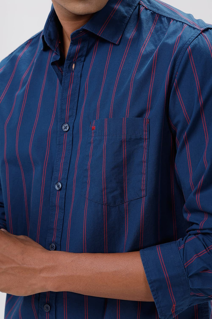 BASICS SLIM FIT NAVY BLUE COTTON STRIPE SHIRT