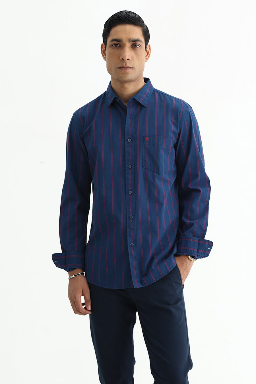 BASICS SLIM FIT NAVY BLUE COTTON STRIPE SHIRT