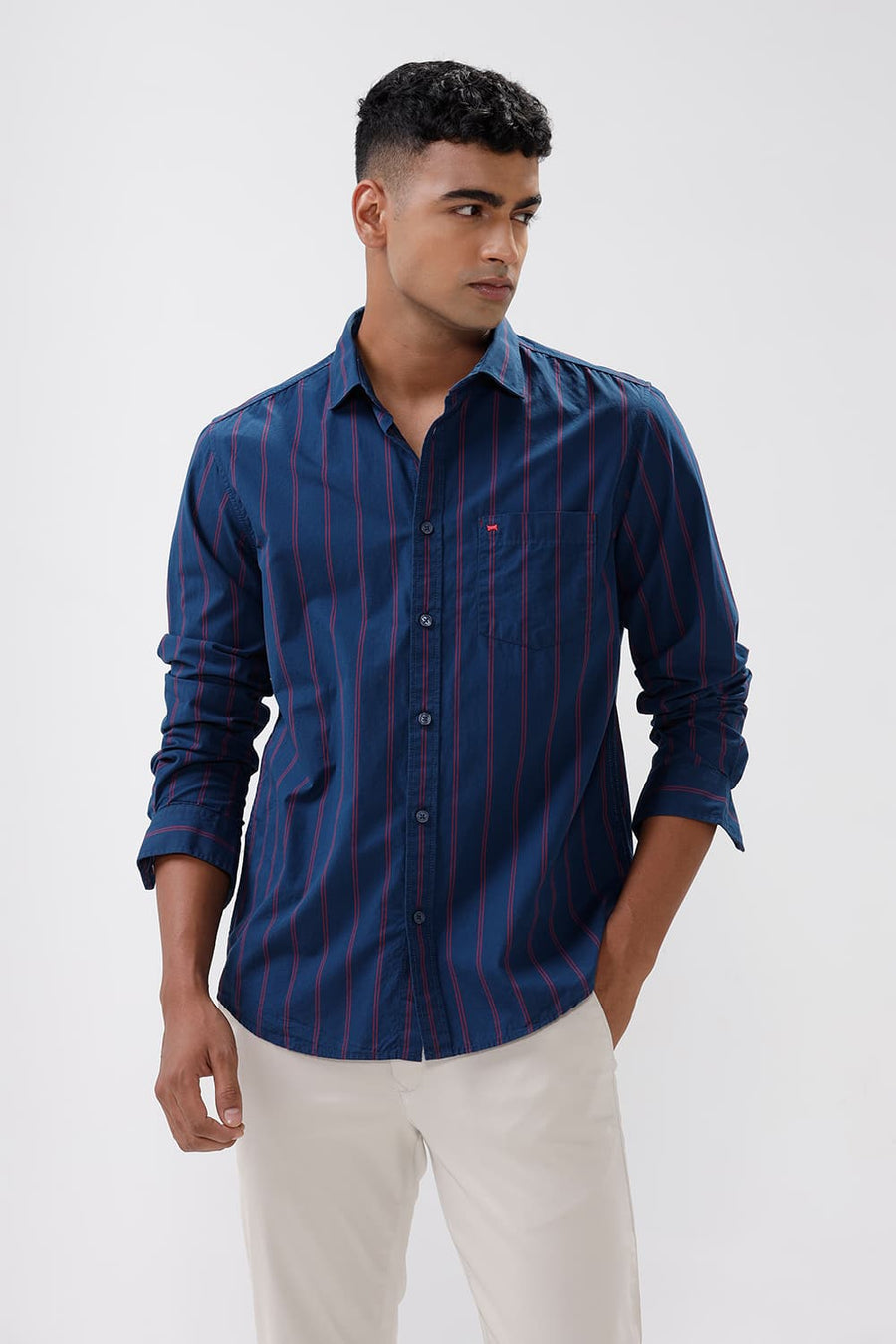 BASICS SLIM FIT NAVY BLUE COTTON STRIPE SHIRT