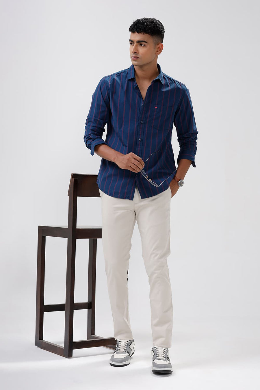 BASICS SLIM FIT NAVY BLUE COTTON STRIPE SHIRT