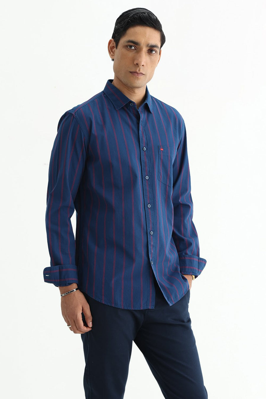 BASICS SLIM FIT NAVY BLUE COTTON STRIPE SHIRT