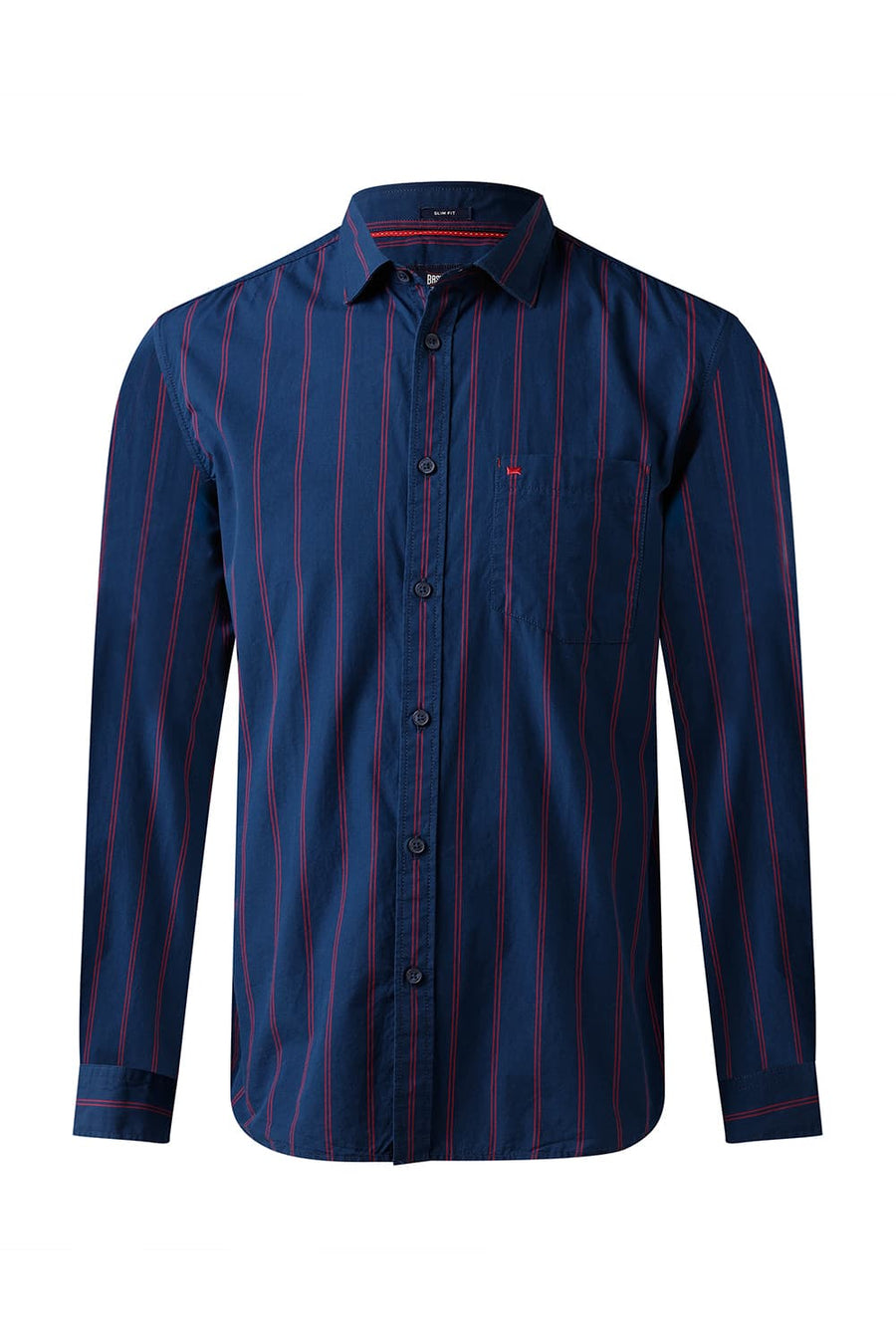 BASICS SLIM FIT NAVY BLUE COTTON STRIPE SHIRT