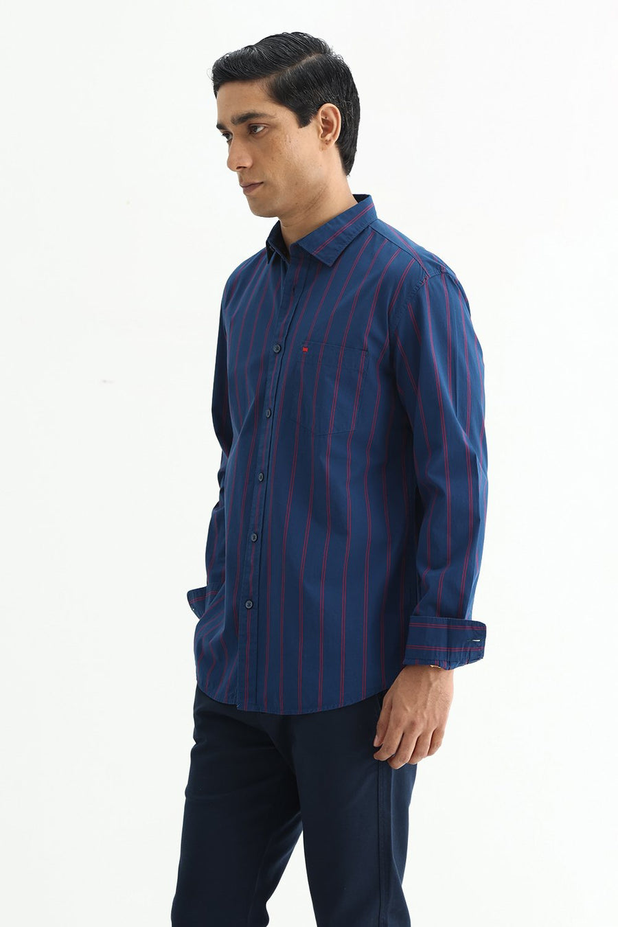 BASICS SLIM FIT NAVY BLUE COTTON STRIPE SHIRT