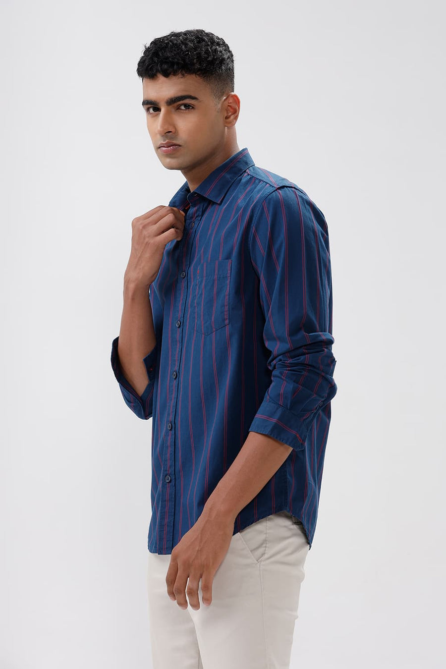 BASICS SLIM FIT NAVY BLUE COTTON STRIPE SHIRT
