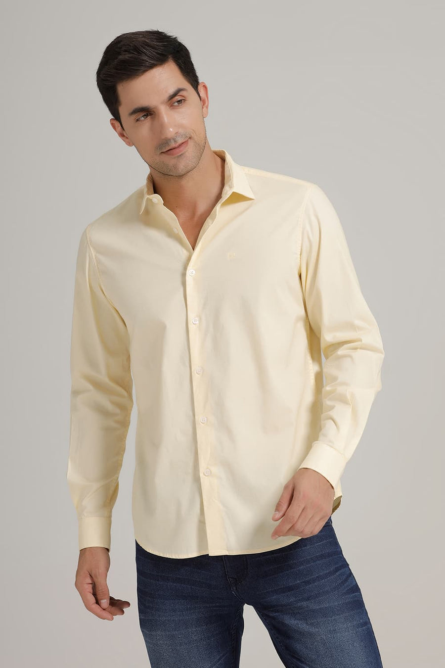 BASICS SLIM FIT PASTEL YELLOW COTTON OXFORD SHIRT