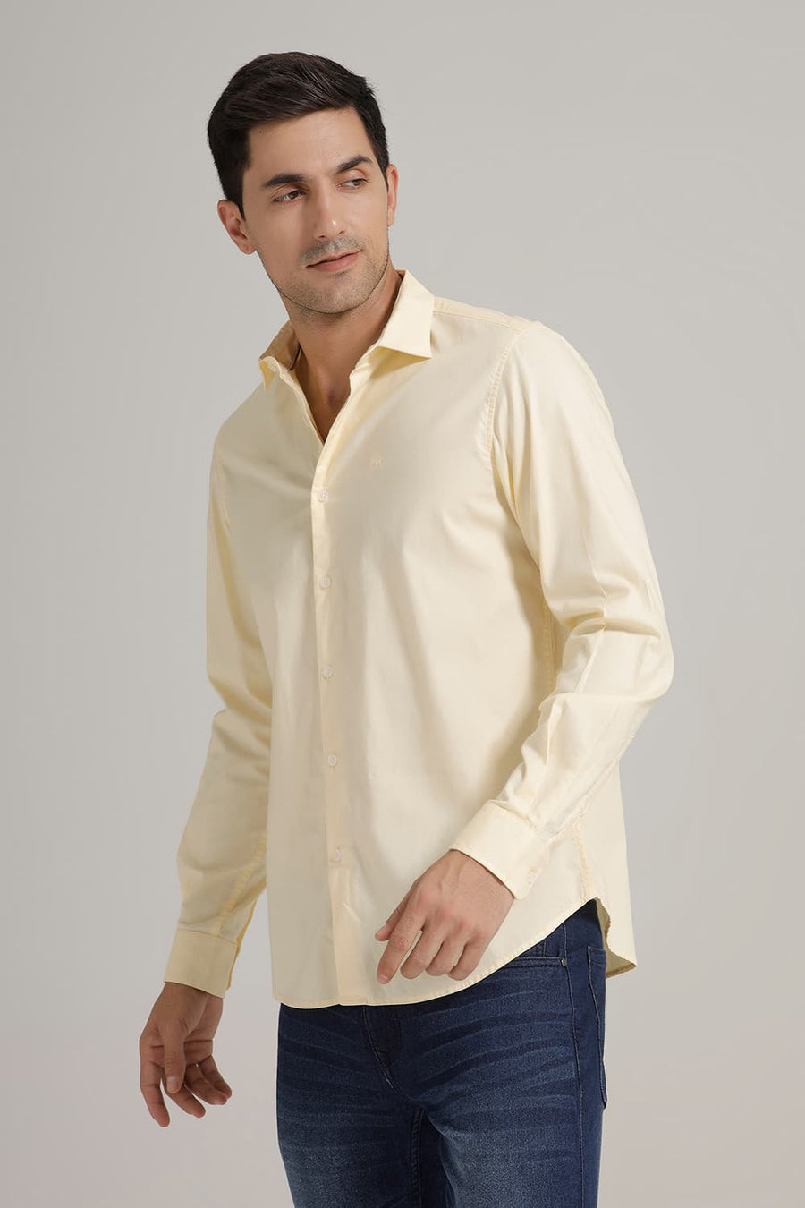 BASICS SLIM FIT PASTEL YELLOW COTTON OXFORD SHIRT