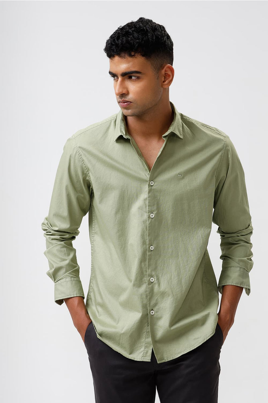 BASICS SLIM FIT SAGE GREEN COTTON OXFORD SHIRT