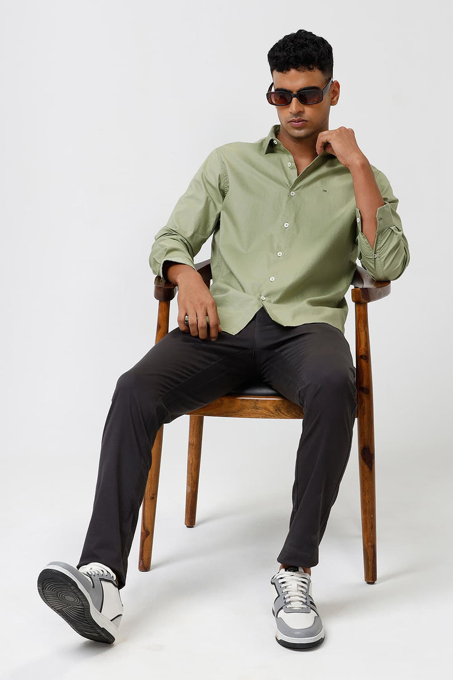 BASICS SLIM FIT SAGE GREEN COTTON OXFORD SHIRT
