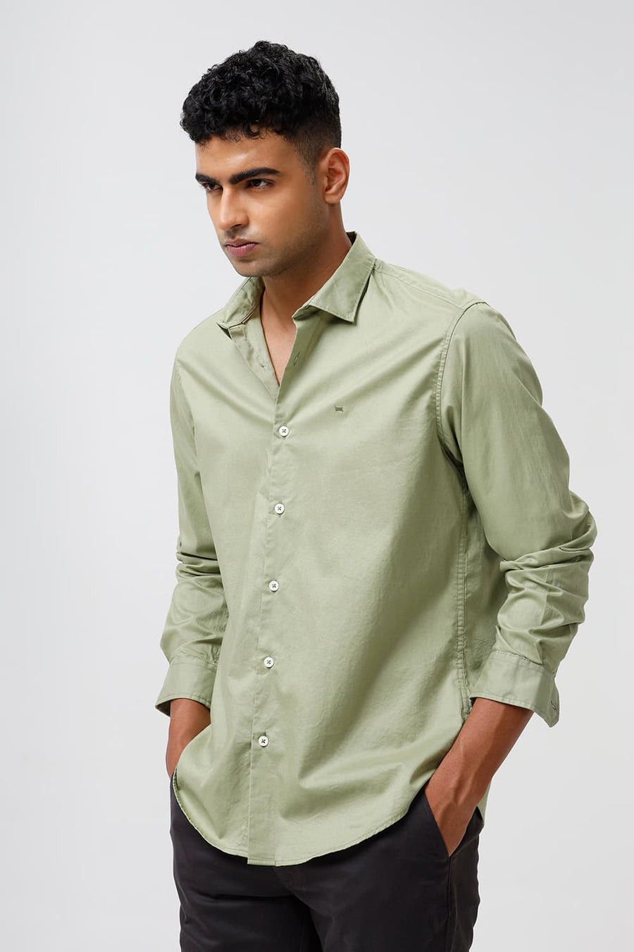 BASICS SLIM FIT SAGE GREEN COTTON OXFORD SHIRT