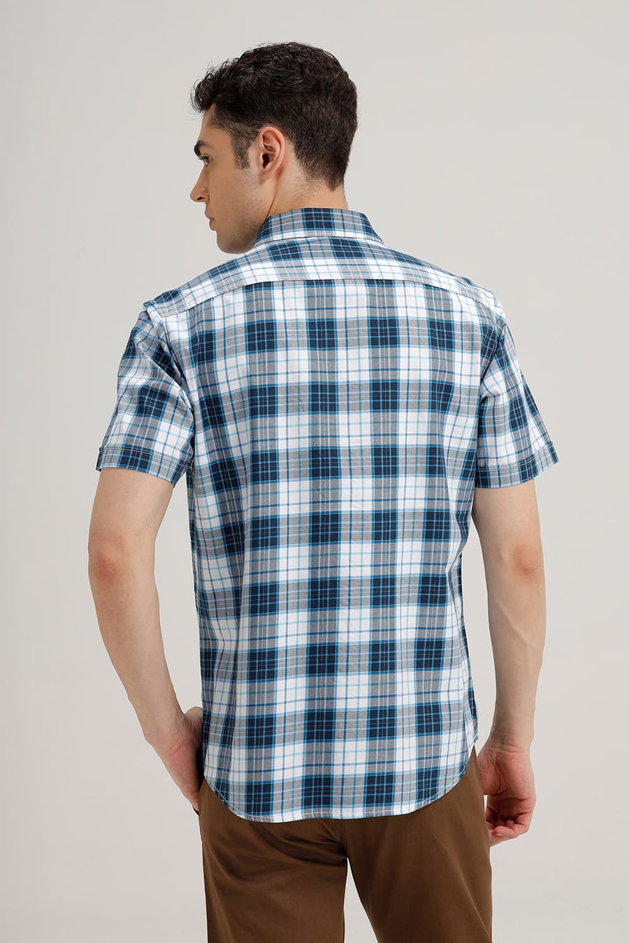 BASICS SLIM FIT POND BLUE TWILL CHECKS HALFSLEEVES SHIRT