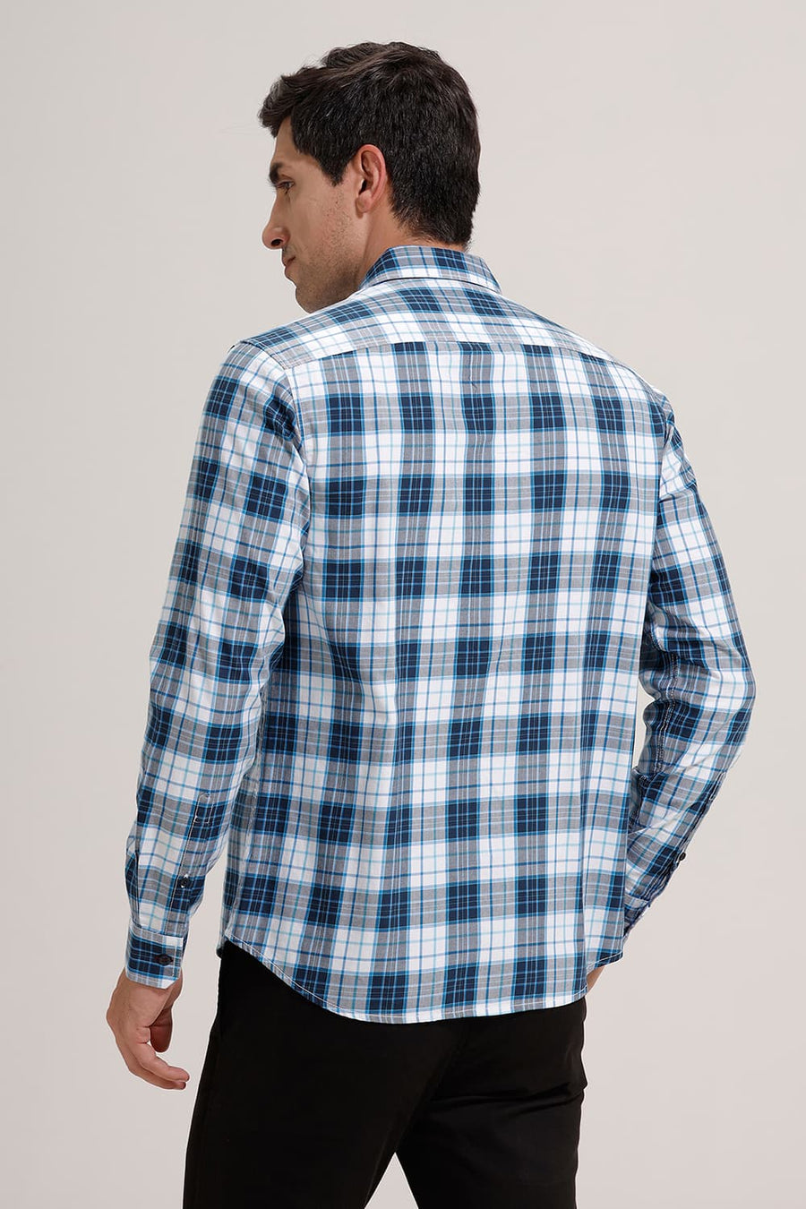 BASICS SLIM FIT POND BLUE TWILL CHECKS SHIRT