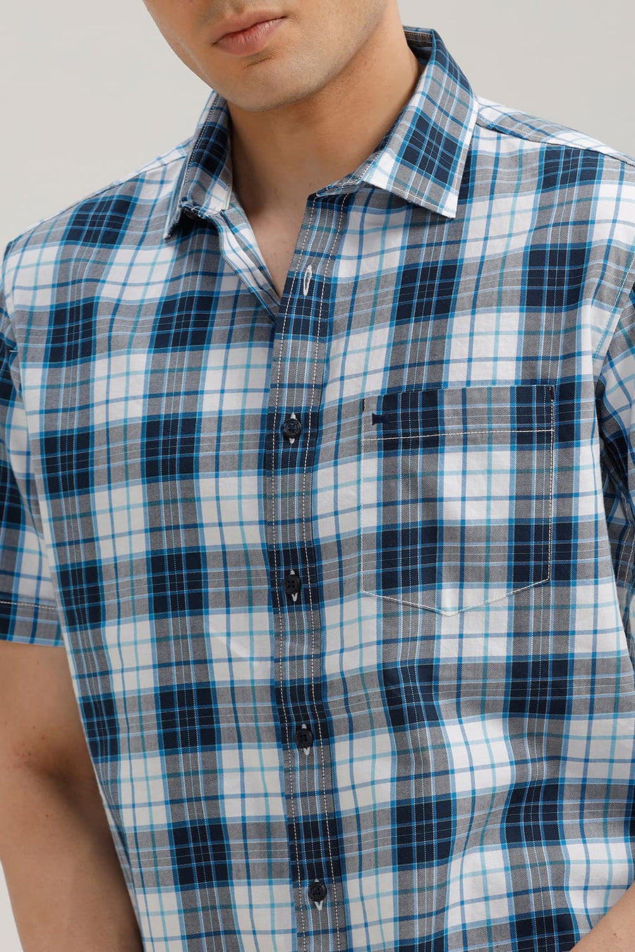 BASICS SLIM FIT POND BLUE TWILL CHECKS HALFSLEEVES SHIRT