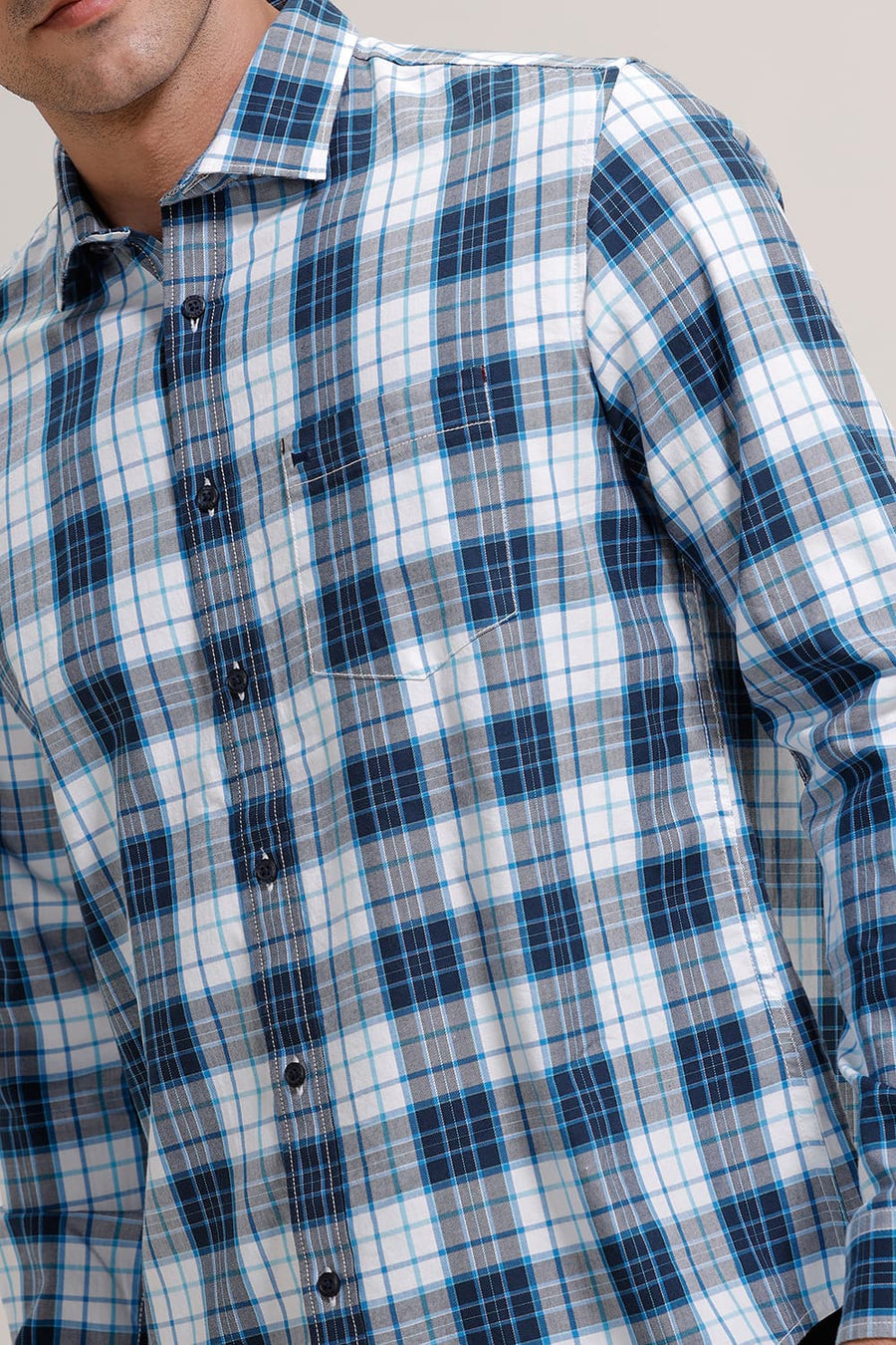 BASICS SLIM FIT POND BLUE TWILL CHECKS SHIRT