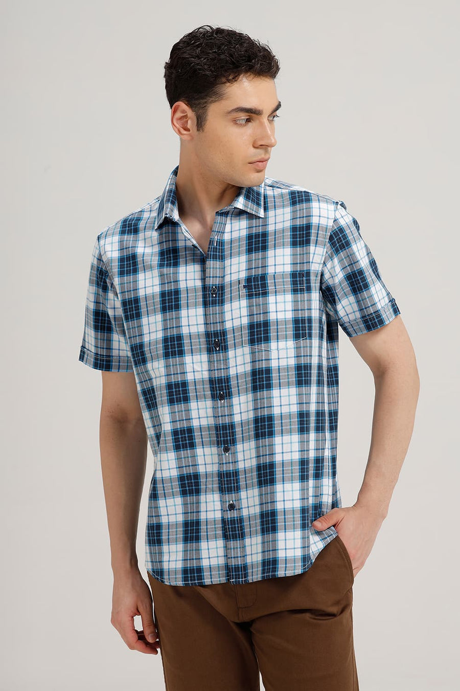 BASICS SLIM FIT POND BLUE TWILL CHECKS HALFSLEEVES SHIRT