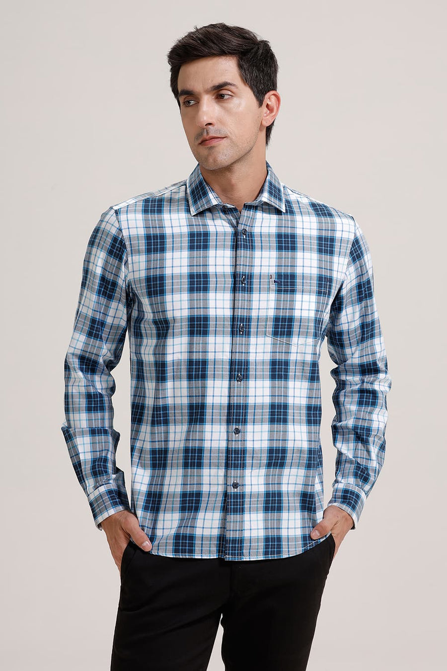 BASICS SLIM FIT POND BLUE TWILL CHECKS SHIRT